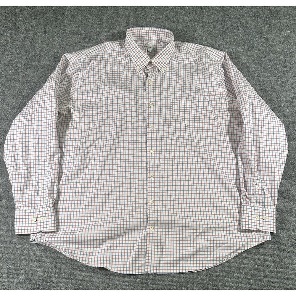 Peter Millar Mens 2XL Red White Blue Graph Plaid Button Down L/S Dress Shirt EUC
